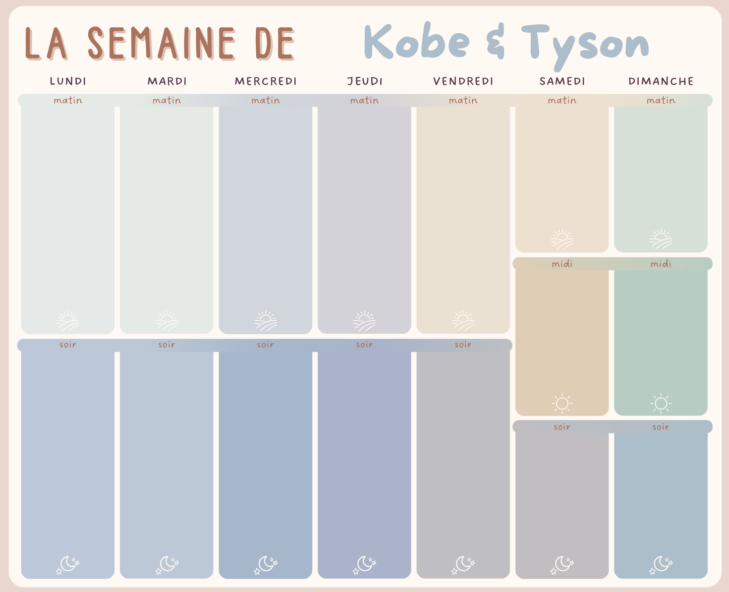 Tableau Magnétique Hebdo – Personnalisable (Enfants à l'école ou garderie la semaine) SEULEMENT TABLEAU