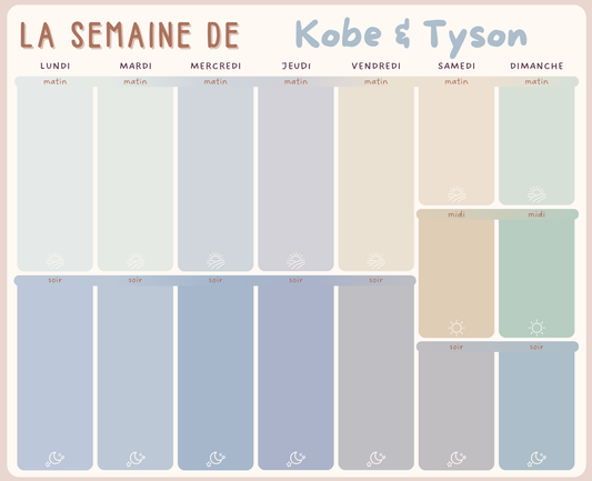 Tableau Magnétique Hebdo – Personnalisable (Enfants à l'école ou garderie la semaine) SEULEMENT TABLEAU
