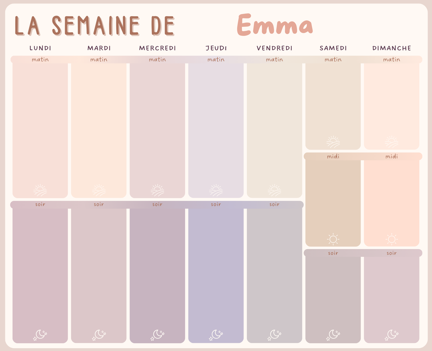 Tableau Magnétique Hebdo – Personnalisable (Enfants à l'école ou garderie la semaine) SEULEMENT TABLEAU
