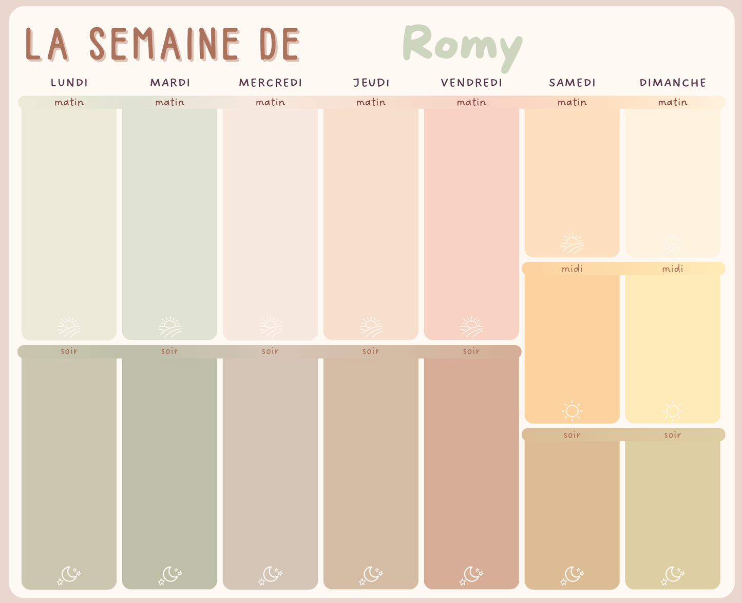 Tableau Magnétique Hebdo – Personnalisable (Enfants à l'école ou garderie la semaine) SEULEMENT TABLEAU